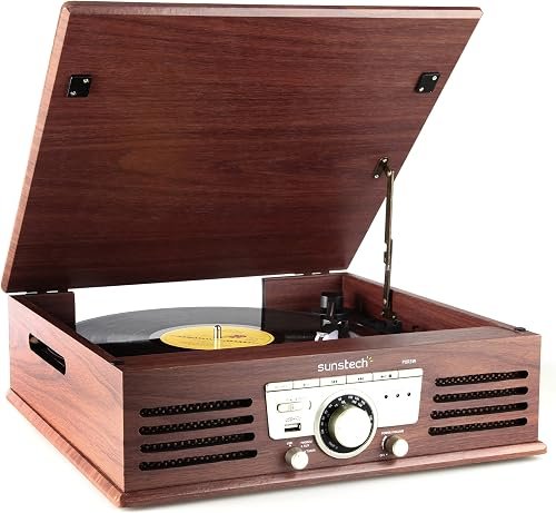 Sunstech PXR3 - Tocadiscos (33 y 45 rpm, USB, FM), color marrón
