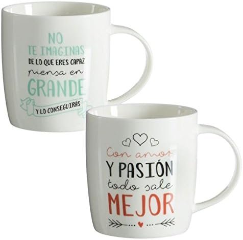 Casa D'Or Tazas Desayuno Frases Positivas (Set de 2 Tazas Blancas de Cerámica 8,3x8,3x10 C