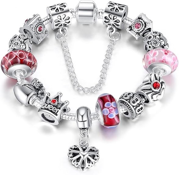 A TE® Charm Pulsera Abalorio Murano Cristal Vidrio Perlas con Cadena de Seguridad Chapado 