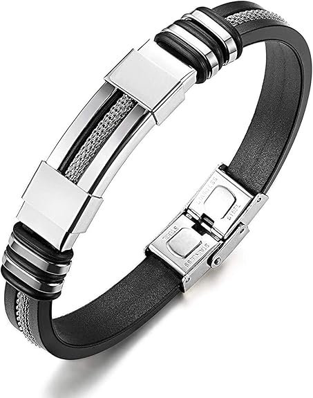 Pulsera Hombre,Pulsera Acero Inoxidable Pulsera Silicona Hombre Pulsera Hombre Negro y Pla