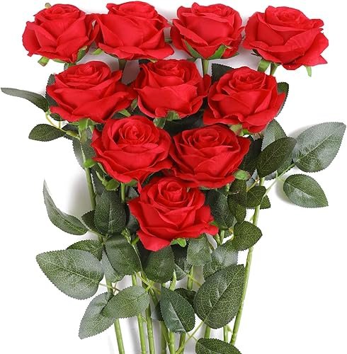 JUSTOYOU - Ramo de rosas artificiales de seda (10 unidades) Rojo