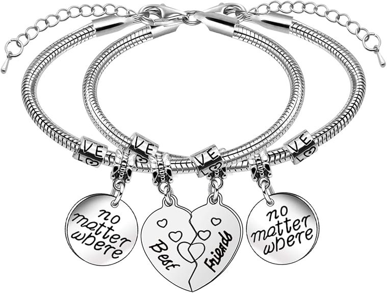 2 pulseras de amistad con forma de corazón, Acero inoxidable, Sin piedra