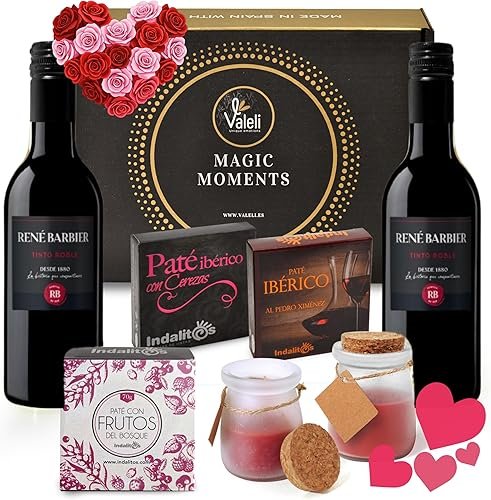 VALELI Cesta Gourmet para Regalar.Caja Delicatessen con Patés Ibéricos, 2 Botellas de Vino