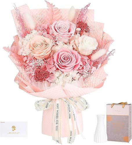 Ramo de Rosas Eternas con Jarrón, Rosa Preservada en Rosa, Ramo de Flores Eternas, Regalos