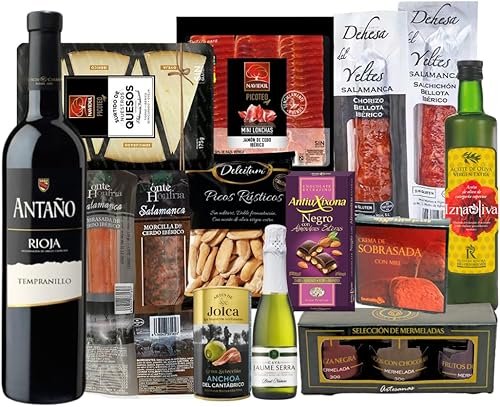 FAMILYCOM Cesta Gourmet para regalar - Lote gourmet con Ibéricos de regalo - Surtido de Bo